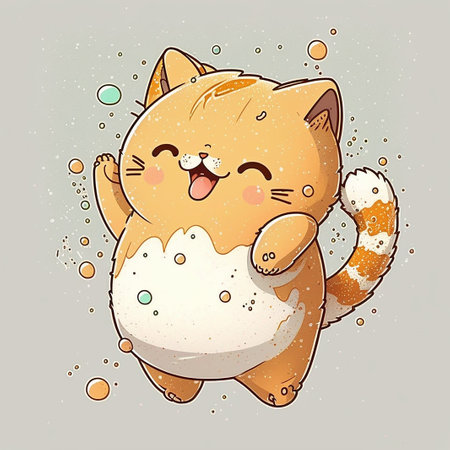 Cute cat on a gray background with bubbles. Vector illustration.の素材