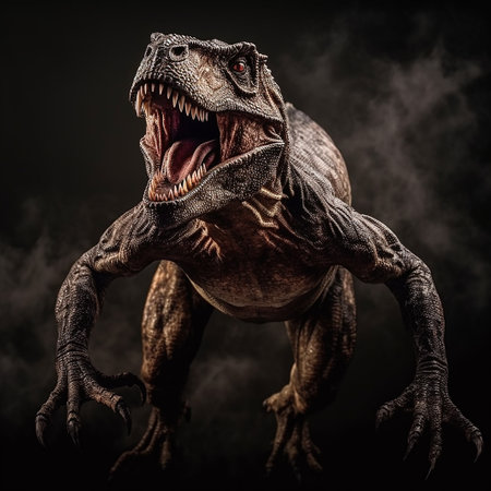 Tyrannosaurus rex dinosaur on a black background with smokeの素材