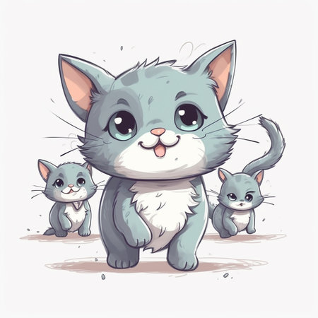 Cute cartoon cat with kittens. Vector illustration of a cute kitten.の素材