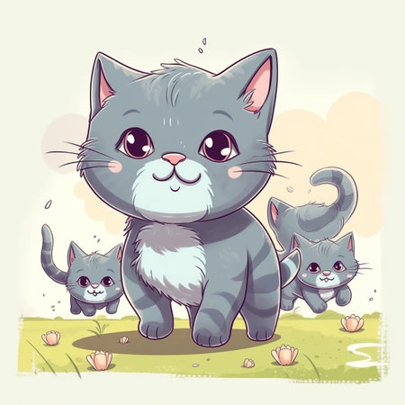 Cute cartoon cat with kittens on the meadow. Vector illustration.の素材