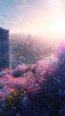 3D render of a cityscape in the early morning with flowersの素材