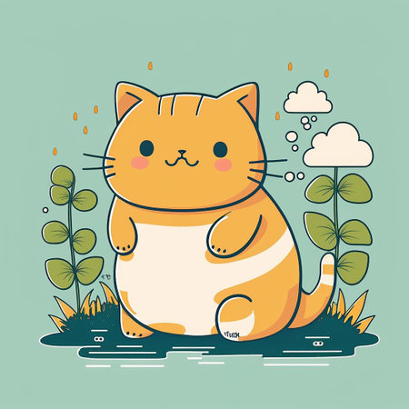 Cute cartoon cat sitting on the grass. Vector illustration in flat style.の素材