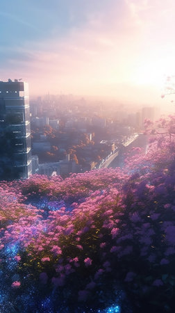3D render of a cityscape with pink flowers in the foregroundの素材