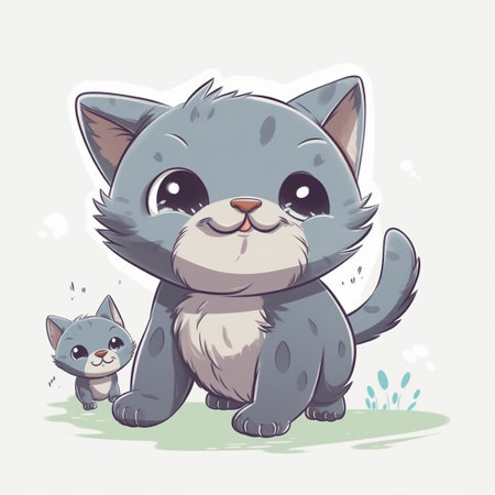 Cute cartoon gray cat and kitten on the grass. Vector illustration.の素材