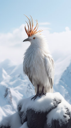 White bird with long beak standing on a rock on the background of mountainsの素材