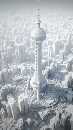 3D Illustration of a Futuristic City with Skyscrapersの素材