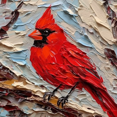 Red cardinal bird on the background of an oil painting on canvas.の素材