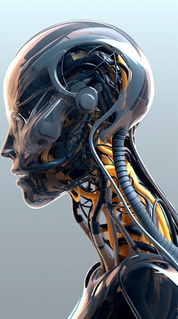 3D Illustration of a female robot with nervous system and brainの素材