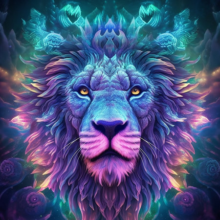 Lion head on abstract colorful background. Fantasy fractal illustration.の素材