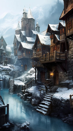 Fantasy winter landscape with old wooden houses in the snowy mountains.の素材