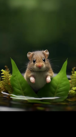 Hamster in the water with green leaves. Animal in nature.の素材