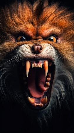 Close-up portrait of a spitz yawning on black backgroundの素材
