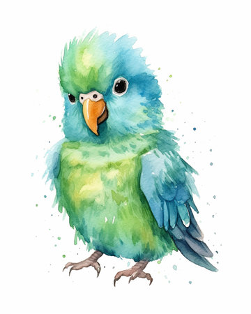 Watercolor image of a cute green parrot on a white backgroundの素材