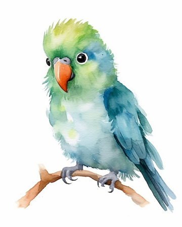 Green parrot on a branch isolated on white background. Watercolor illustrationの素材