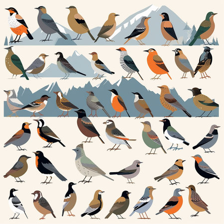 Set of birds in different poses. Vector illustration in flat style.の素材
