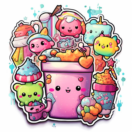 Cute cartoon ice cream vector illustration. Ice cream in a bucket.の素材
