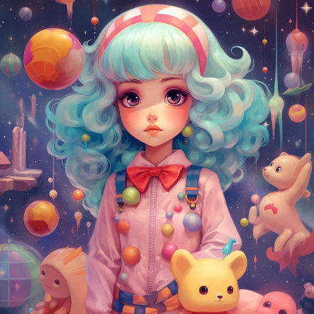 Cute cartoon girl with blue hair and toys in the room.の素材