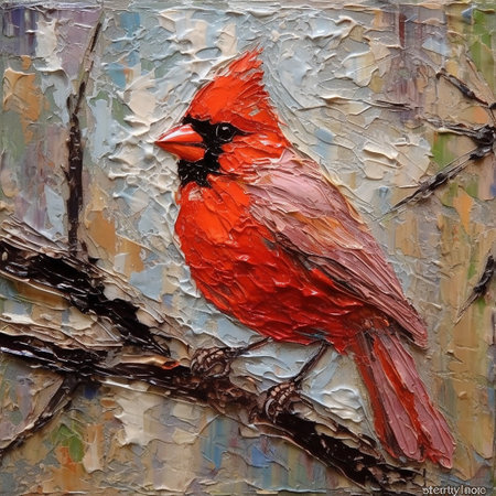Original oil painting of a cardinal bird on a tree branch in the forestの素材