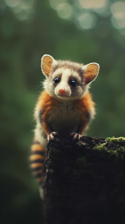 Cute little baby ferret sitting on a tree in the forestの素材