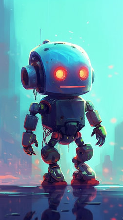 3D rendering of a robot on a futuristic background with neon lightsの素材