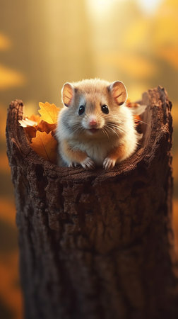 Cute little hamster sitting on a stump in autumn forest.の素材