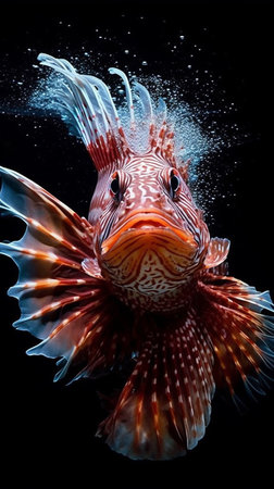 closeup of a red fish on a black background with water splashesの素材