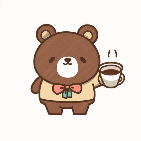 Cute bear with a cup of coffee. Vector illustration on white background.の素材