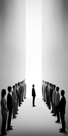 Group of business people standing in a row and looking at the lightの素材