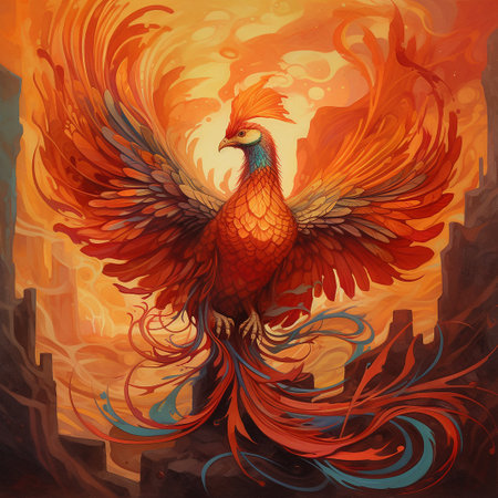 Beautiful rooster on a background of an orange and blue fireの素材