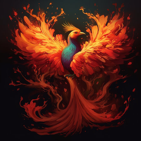 Colorful bird on a dark background with splashes of paint.の素材