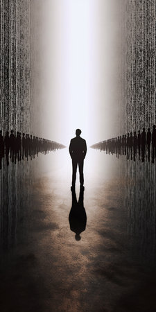 Silhouette of a man standing in the middle of the mazeの素材