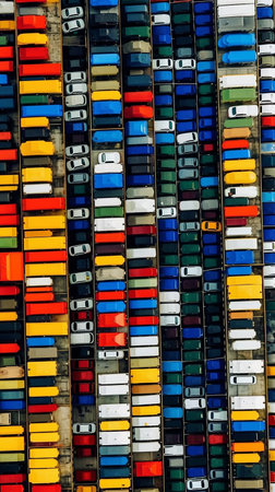 Cargo containers stacked on each other in a row. Colorful containers for shipping.の素材