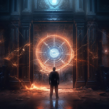 Man looking at abstract glowing circle. Futuristic concept. 3D Renderingの素材
