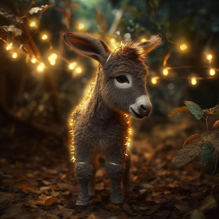 Little donkey in the forest with garland. 3d rendering.の素材
