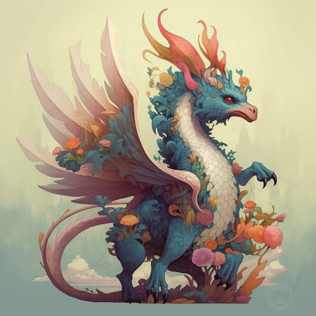 Dragon with flowers in a foggy forest. Vector illustration for your designの素材
