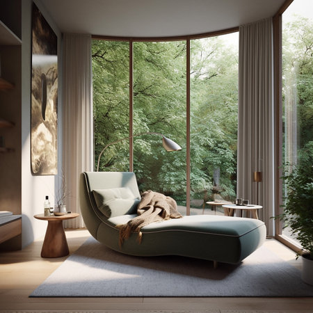 interior of modern living room with big window, 3d renderの素材