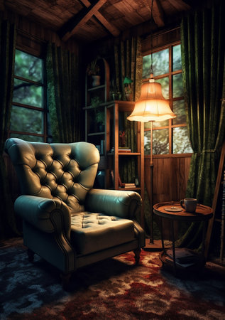Interior of a living room with a comfortable armchair and a lampの素材