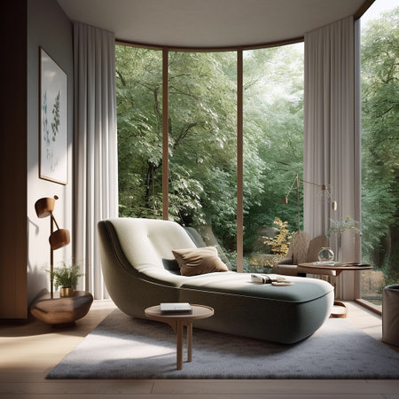 interior of modern living room 3D rendering image.There are large window overlooking the forestの素材