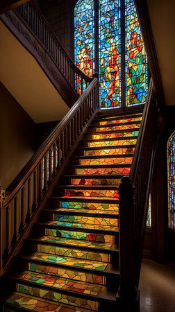 Stained glass window of a church, Stained glass on the stairsの素材