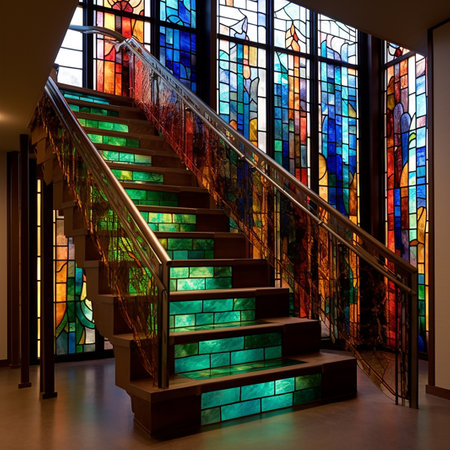 Stained glass window in the interior of a church. 3D renderingの素材