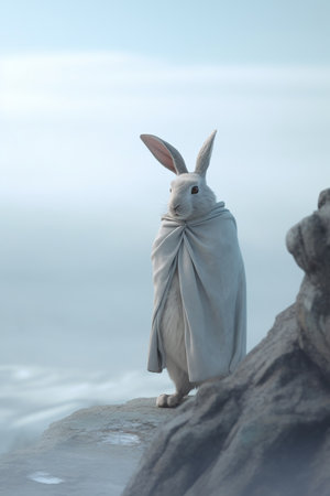 Rabbit with a cape standing on a rock in the fog.の素材