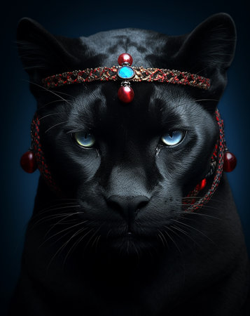 Portrait of a black panther with red beads and earringsの素材