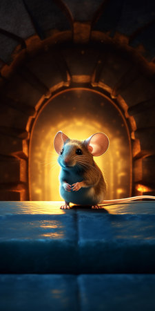 Cute little mouse on a background of a fireplace in the darkの素材