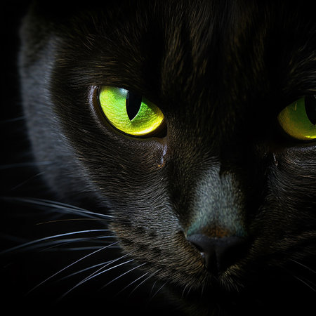 Portrait of a black cat with green eyes on a black backgroundの素材