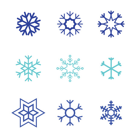 Snowflake vector icon white background set color. Winter blue christmas snow flat crystal element. Weather illustration ice collection. Xmas frost snow flake isolated. 9 iconsのイラスト素材