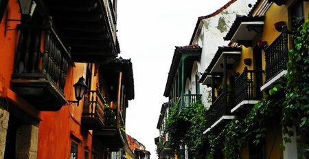 Spanish-style Balconies at the historic city of Cartagena, Colombiaの写真素材