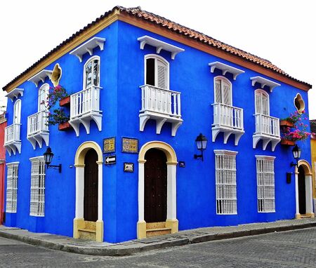 Spanish-style house at the historic city of Cartagena, Colombiaのeditorial素材