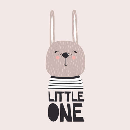 Hand drawn illustration with bunny, english text. Little one. Background with animal. Poster design. Decorative cute backdrop vector. Funny cardのイラスト素材