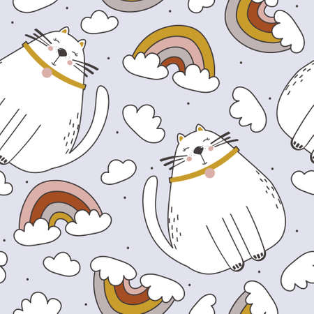 Cats, hand drawn backdrop. Colorful seamless pattern with animals, rainbow, clouds. Decorative cute wallpaper, good for printing. Overlapping colored background vector. Design illustrationのイラスト素材