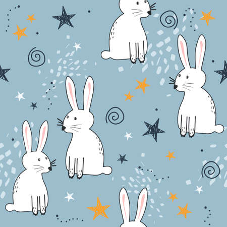 Bunnies, hand drawn backdrop. Colorful seamless pattern with animals, stars. Decorative cute wallpaper, good for printing. Overlapping background vector. Design illustration, rabbitsのイラスト素材